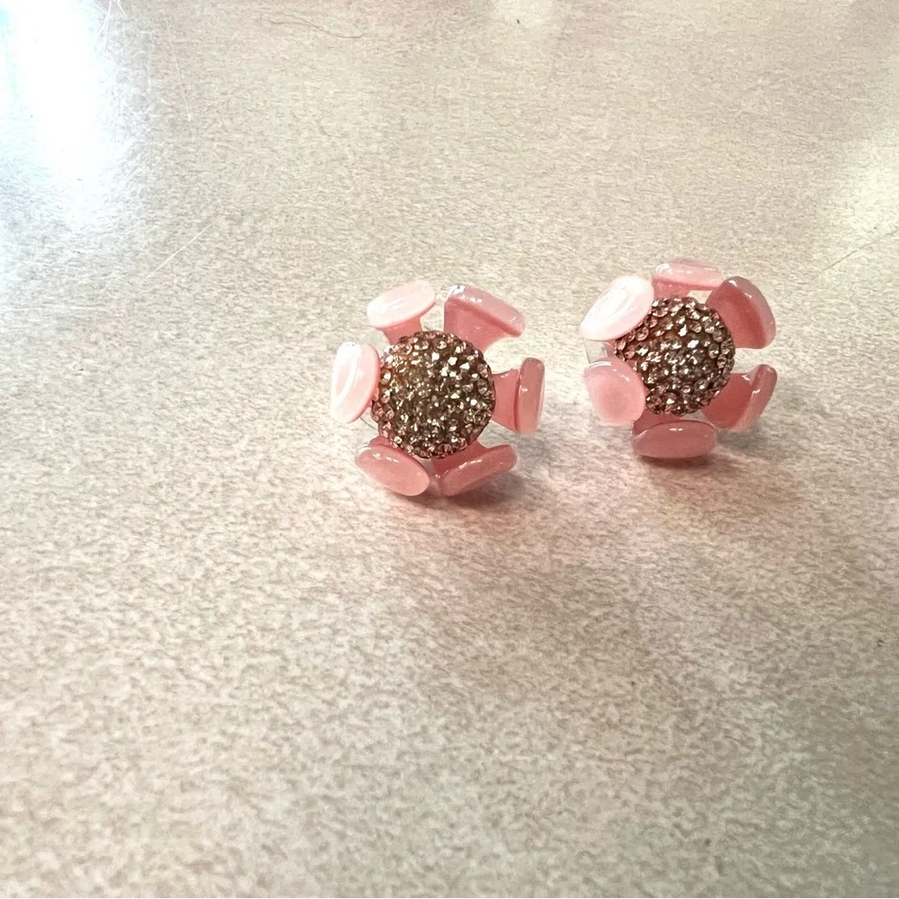 Lele Sadoughi Pink Floral Earrings with Bedazzled Center - Picture 2 of 4